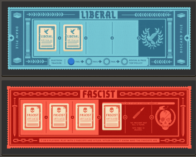 Ліберальна (синя) та фашистська (червона) дошки Secret Hitler з треками законів